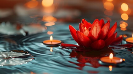 A red lotus flower floating in water with candles, appearing light-filled in dark orange and dark emerald.