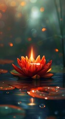 A red lotus flower with a candle in the water, illuminated in dark orange and dark emerald.
