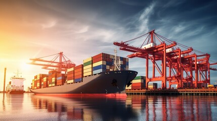Obraz premium Shipping industry delivering cargo on large container ship ai generated Pro Photo with sea and container in background