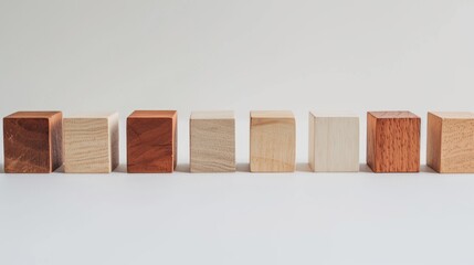 A row of wooden cubes in different wood shades' on a white background, with minimal retouching and disfigured forms, in light red and beige colors.