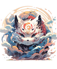 Ethereal Celestial Kitsune: Whimsical Fox Amidst Swirling Sky Clouds