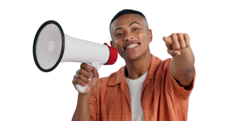 Man, megaphone and pointing to you for announcement and recruitment on transparent or png background. Protest, speech or isolated college student with call to action on bullhorn or attention at rally