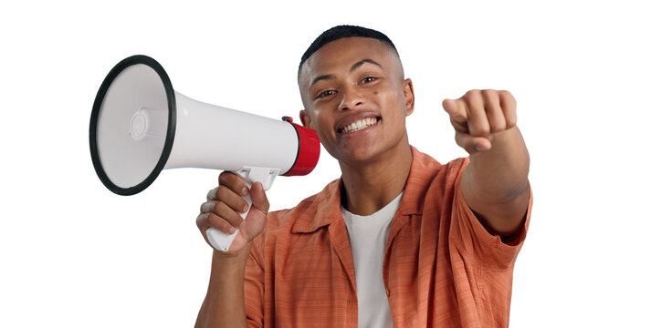 Man, megaphone and pointing to you for announcement and recruitment on transparent or png background. Protest, speech or isolated college student with call to action on bullhorn or attention at rally