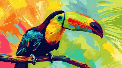  a colorful painting of a toucan bird perched on a branch with a colorful background of leaves and flowers.
