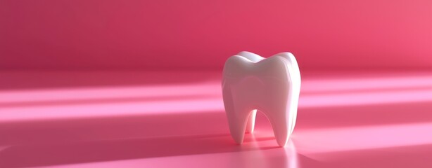 A small model tooth is presented on a pink-based background, embodying a simple style. - obrazy, fototapety, plakaty