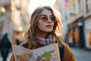 A female traveler with a map exploring Europe.
