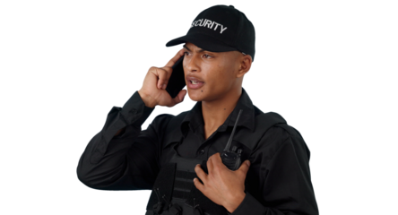 Security guard, phone call and serious man with communication, police and law enforcement. Surveillance, talk and officer on mobile discussion with cellphone isolated by transparent png background.