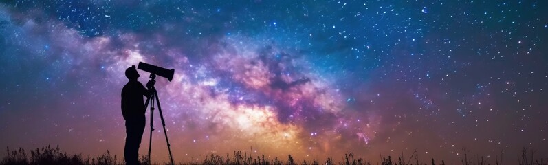 Silhouette of a man walking at night. Stargazing