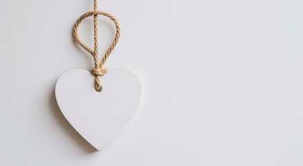 A white heart-shaped tag is hanging with a rope against a white background, representing minimalist backgrounds, luxurious wall hangings, comfycore, and innovative techniques.