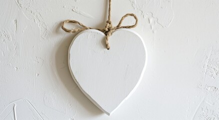 A white heart-shaped tag hangs with a rope on a white background, embodying minimalist backgrounds and luxurious wall hangings.