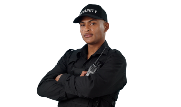 Security guard, man and portrait with arms crossed or confidence for surveillance, law enforcement or walkie talkie. Employee, face or radio for crime or patrol isolated on png transparent background