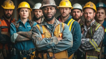 A handful of confident construction workers in safety gear stood with their arms crossed. It shows teamwork and professionalism in the industry.