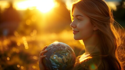 A young woman with long hair holding a globe with the sun behind her, embodying dynamic and action-packed elements, terragen, and soft-focused realism.