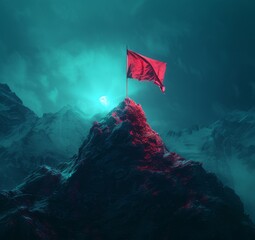 An abstract digital artwork of a flag on a mountain is presented, featuring luminous 3D objects, atmospheric illusionism, 2D game art, and enigmatic characters in dark cyan and light crimson.