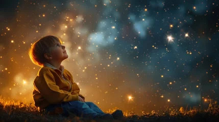 Foto op Plexiglas A happy amazed kid is sitting on the grass watching the sky full of stars © sirisakboakaew