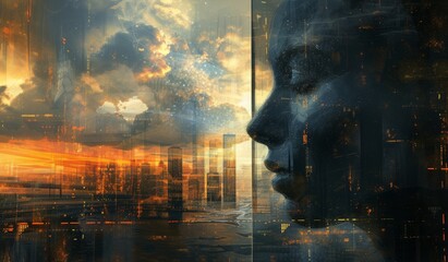 An abstract of a man's face is seen through the door of an open cityscape, featuring concept art, a full body, backlight, epic landscapes, and dramatic skies.
