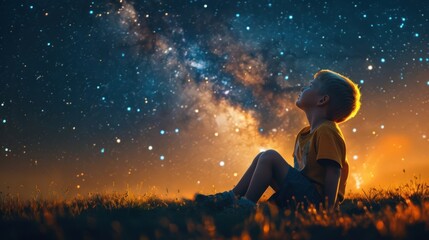 A happy amazed kid is sitting on the grass watching the sky full of stars - obrazy, fototapety, plakaty