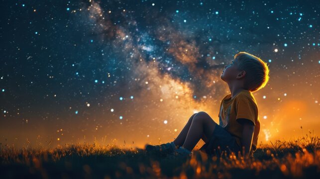 A happy amazed kid is sitting on the grass watching the sky full of stars
