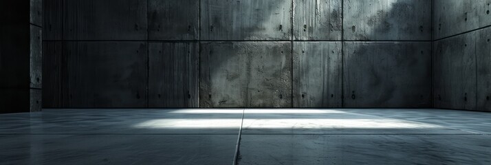 An empty concrete room, featuring realistic still lifes with dramatic lighting, multi-layered textures, and colors of dark silver and black. - obrazy, fototapety, plakaty