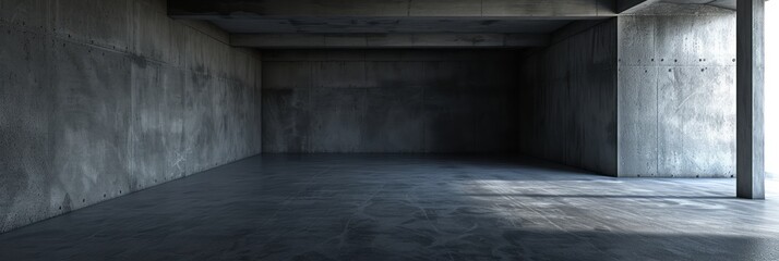 An empty concrete room, featuring realistic still lifes with dramatic lighting, multi-layered textures, and colors of dark silver and black.