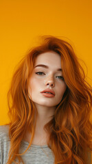 A brunette girl with wavy, orange hair posing against a yellow background.