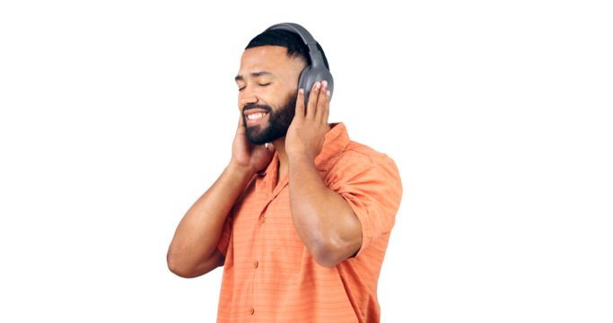 Happy man, headphones and listening to podcast for audio streaming, sound track on a transparent PNG background. Isolated or young male person enjoying music, tune or songs on headset from playlist