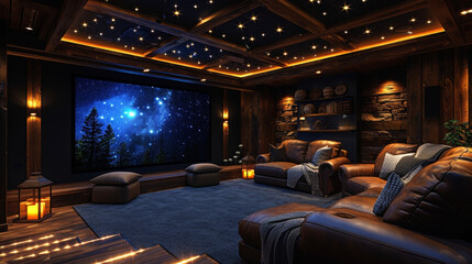 An image of a cozy home theater complete with plush recliner chairs soft lighting and a custombuilt screen frame that seamlessly fits into the rooms decor.