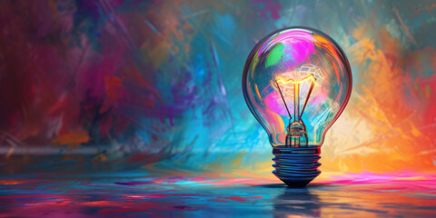 A colorful light bulb against a transparent background, embodying sculpted impressionism, photorealistic painting, psychedelic-inspired elements, and baroque energy. - obrazy, fototapety, plakaty