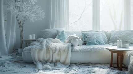Frozen modern interior filled with snow. Snow-covered icy room. Frosty decor in winter house.