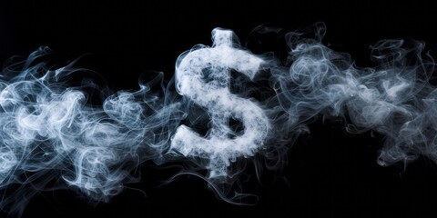 A dollar sign is shown in smoke over a black background, representing baroque-inspired sculptures and made of mist. - obrazy, fototapety, plakaty