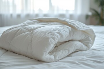 Fototapeta na wymiar White folded duvet lying on white bed background. Preparing for winter season, household, domestic activities, hotel or home textile