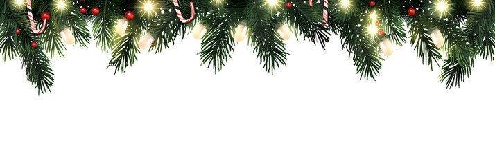 Naklejka na ściany i meble Seamless decorative christmas border with coniferous branches and garlands of christmas lights on transparent background