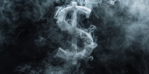 A dollar sign is shown in smoke over a black background, representing baroque-inspired sculptures and made of mist. - obrazy, fototapety, plakaty