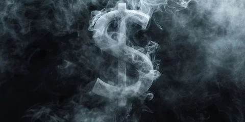 Foto op Canvas A dollar sign is shown in smoke over a black background, representing baroque-inspired sculptures and made of mist. © Duka Mer