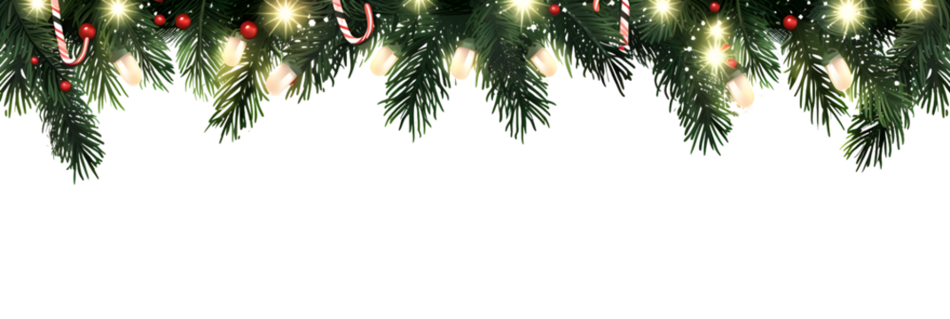 Seamless decorative christmas border with coniferous branches and garlands of christmas lights on transparent background - Powered by Adobe
