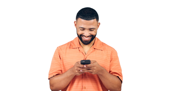 Happy man, phone and typing for social media, networking or communication on a transparent PNG background. Isolated or young male person with smile on mobile smartphone for online chatting or texting