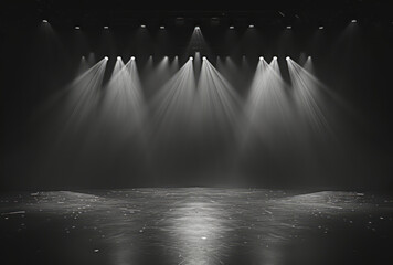 A frontstage area is shown with the stage and spotlights, featuring dark tonality, light silver and dark gray colors, mastery of light, naturalistic shadows, and a contest winner. - obrazy, fototapety, plakaty