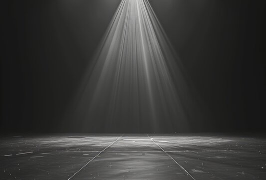 A frontstage area is shown with the stage and spotlights, featuring dark tonality, light silver and dark gray, mastery of light, and naturalistic shadows.