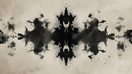 Black and white inkblot with symmetrical patterns. - obrazy, fototapety, plakaty