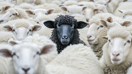A standout black sheep amidst a flock of white sheep, gazing directly at the camera.