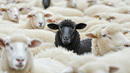 Naklejka premium A standout black sheep amidst a flock of white sheep, gazing directly at the camera.