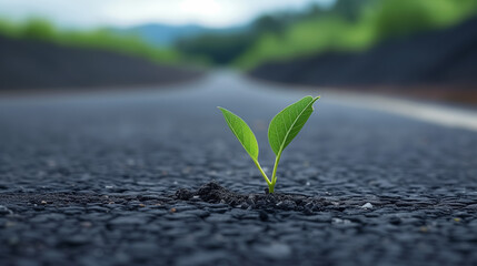 Green sprout breaking through asphalt road.