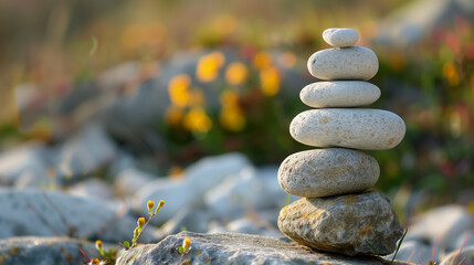Zen stones stacked on rocky ground.