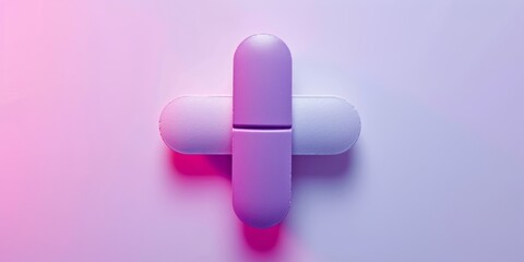 Obraz premium Pharmaceutical medicines and a medical cross tablet in purple on a white background, captured in minimalist photography with light red, light pink, and aquamarine colors.