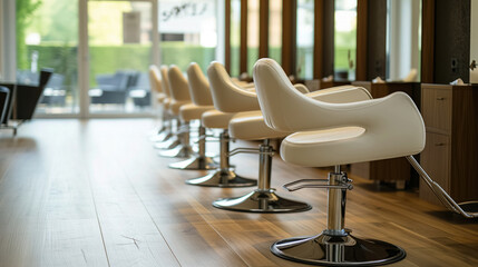 Modern salon chairs in a row on a wooden floor.