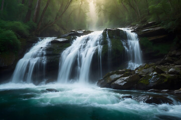 A landscape of a deep forest waterfall