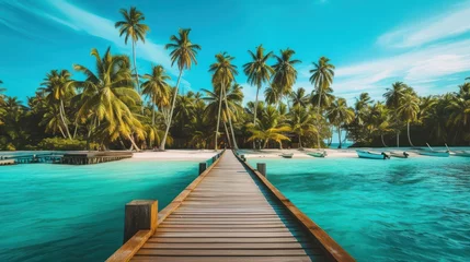 Foto op Plexiglas  a painting of a pier leading to a beach with boats in the water and palm trees on both sides of the pier. © Anna