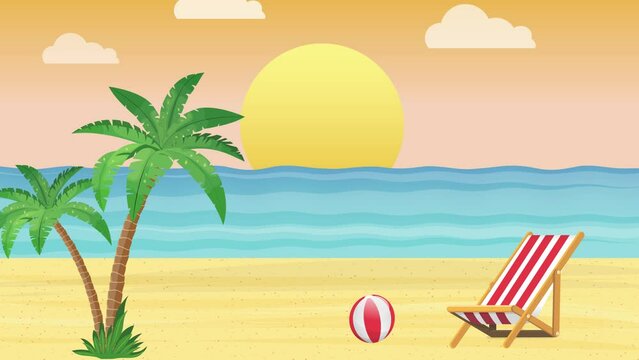 Animation of Beach Background Seascape Illustration with Cozy Chair and Sunset Clouds, summer Vacation, Holiday and Relaxing Days. 