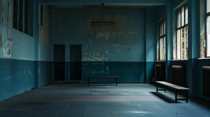 Abandoned gym with peeling blue walls.