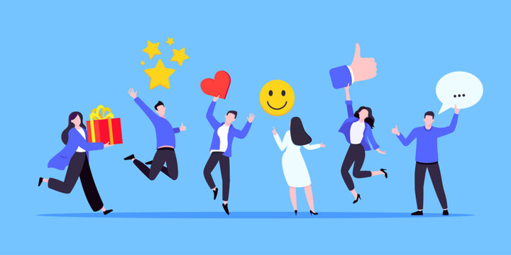 Employee feedback work satisfaction survey business concept flat vector illustration. Employee or customer feedback rating opinion with people and social icons - thumb, smile emoji, stars and heart.